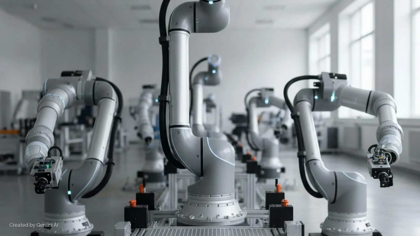 Grey industrial robotic arms with blue glowing accents and camera attachments are arranged on an assembly line in a brightly lit factory or laboratory.