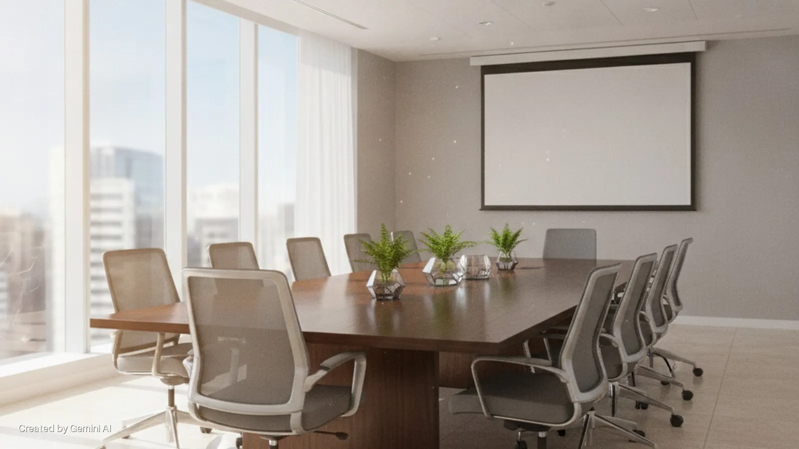 A bright modern office conference room features a large wooden table, grey mesh office chairs, decorative potted plants, and a wall-mounted projection screen, illuminated by natural light from expansive windows overlooking a city skyline.