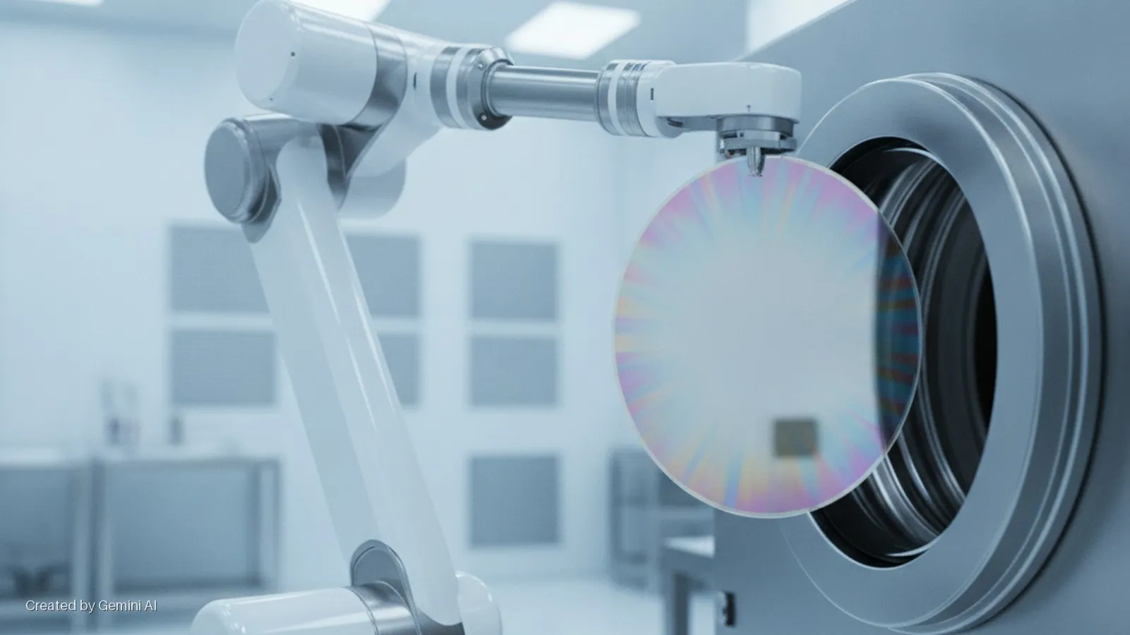 A white robotic arm is inserting an iridescent silicon wafer into the circular opening of a processing tool, set in a bright, cool-toned cleanroom.