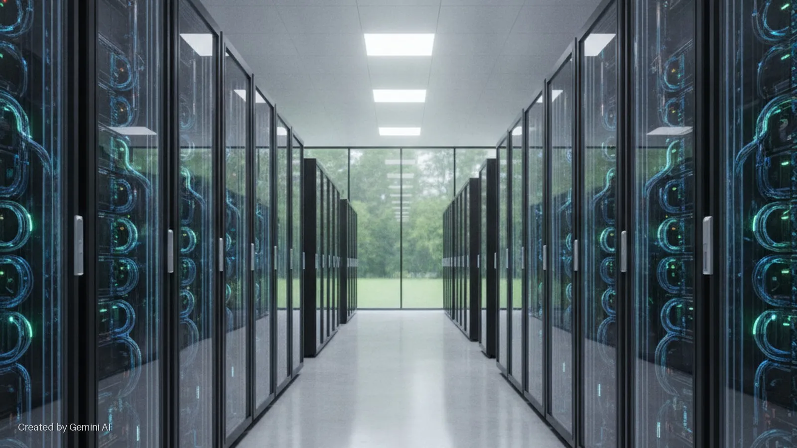 A brightly lit modern data center hallway features two rows of glass-fronted server racks under overhead lights, leading to large windows displaying a green outdoor landscape.