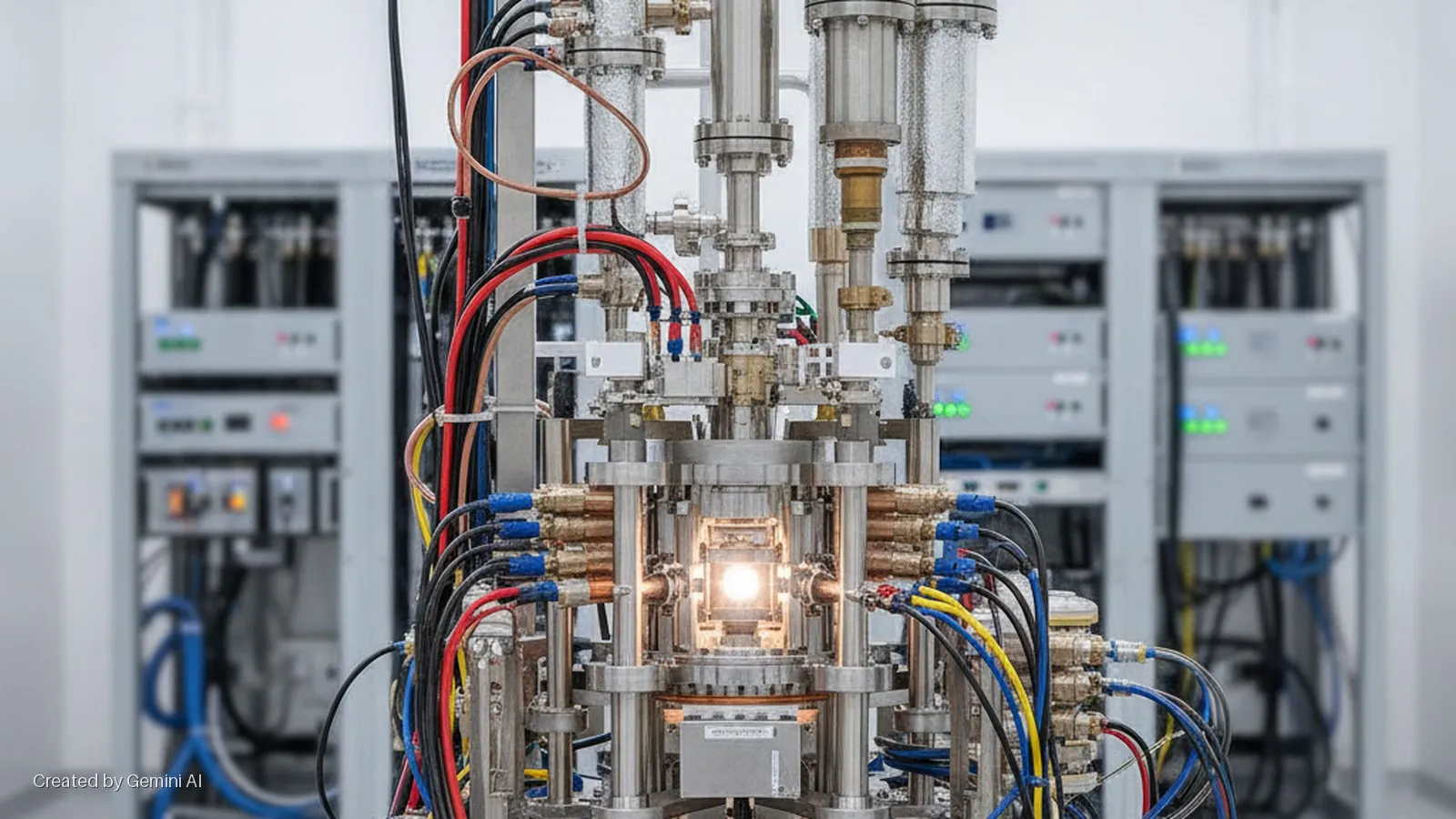 A gleaming, complex scientific apparatus with numerous metal pipes, colorful wires, and a brightly illuminated central chamber stands in a laboratory, with blurred control cabinets behind it.