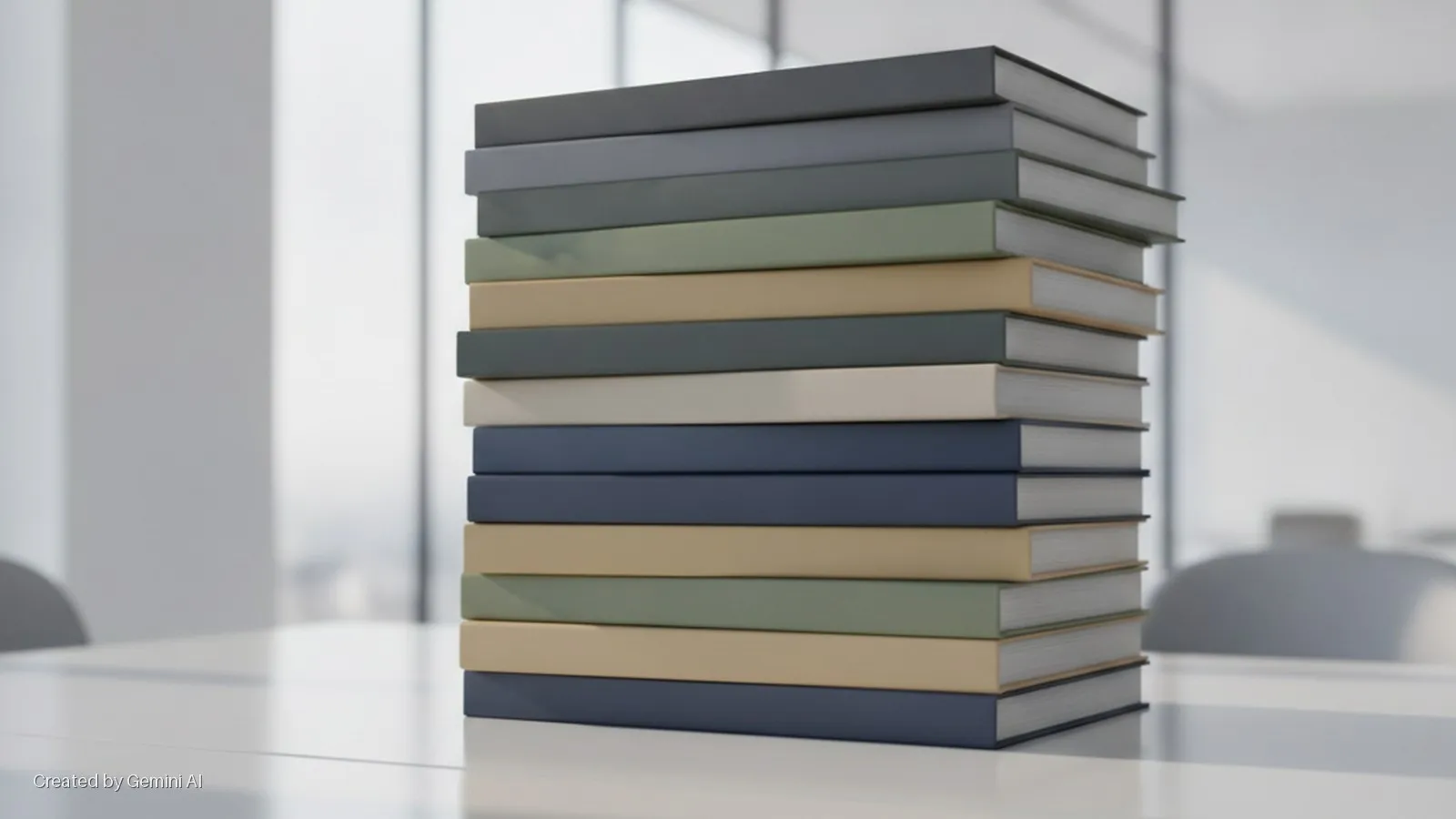 A tall stack of books with muted grey, green, beige, and blue covers rests on a bright white table in a softly lit modern office.
