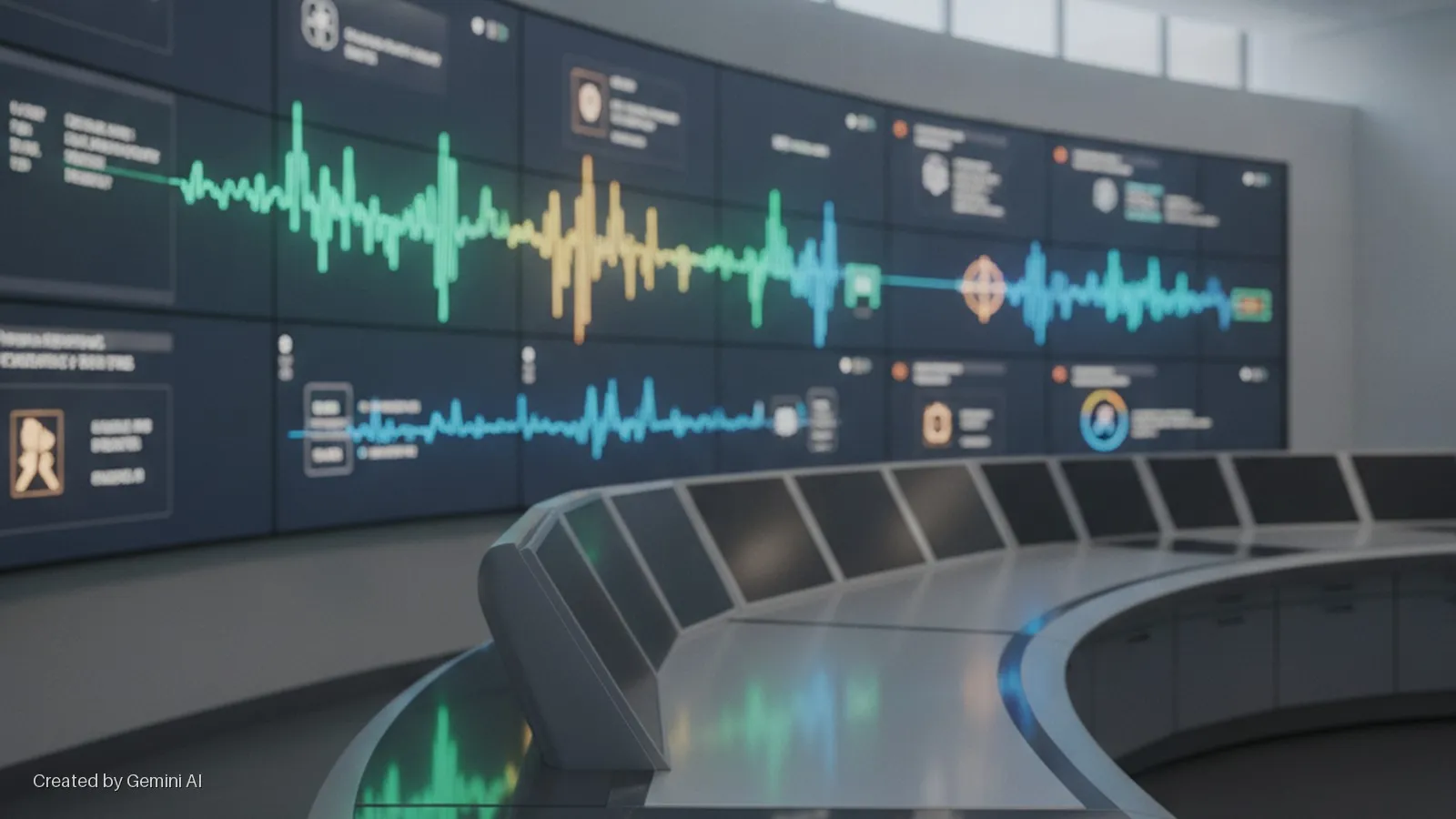 A modern control room features a large, curved display wall with vibrant waveform graphs and data, and a sleek, curved control desk reflecting the screen lights.