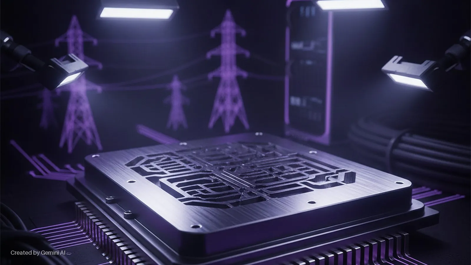A dark, futuristic scene featuring a metal processor chip on a circuit board with glowing purple traces, illuminated by white lamps, with neon purple power line pylons and a server cabinet in the background.