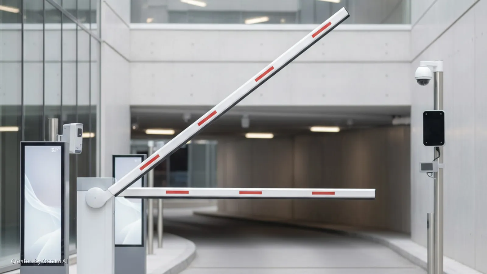 A well-lit entrance to a modern underground parking garage features a raised white and red barrier and a horizontal barrier, flanked by digital display screens, a security camera, and a building with glass and concrete architecture.