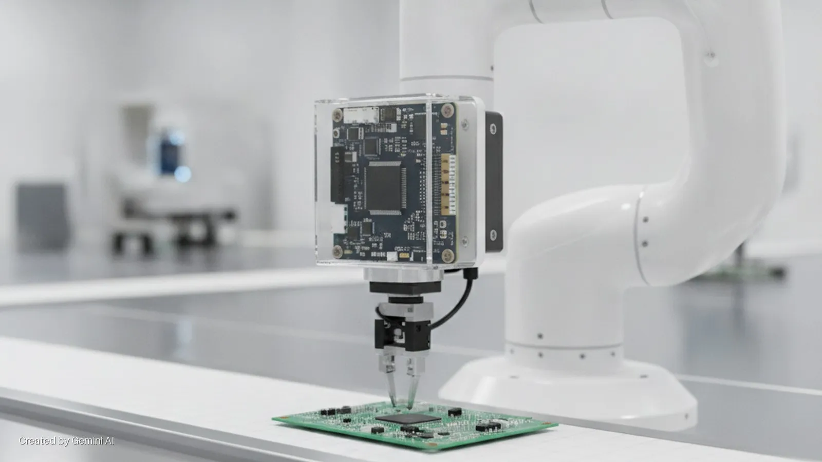 A white robotic arm with a transparent-cased camera module positions a dark integrated circuit above a green circuit board on a white workbench in a brightly lit, modern lab.