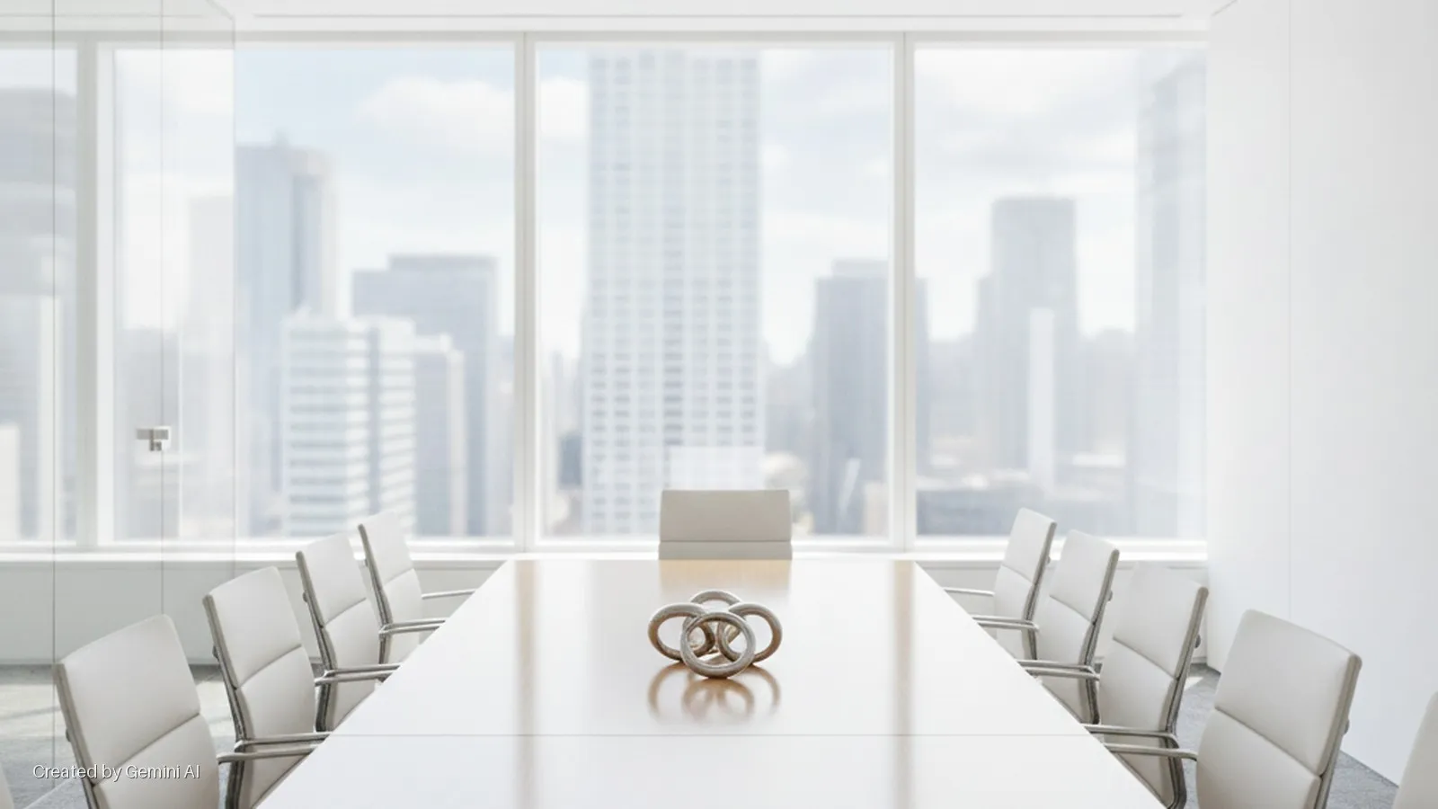 A bright, empty modern conference room features a glossy wooden table with a metallic ring sculpture, white leather chairs, and floor-to-ceiling windows overlooking a blurred city skyline.