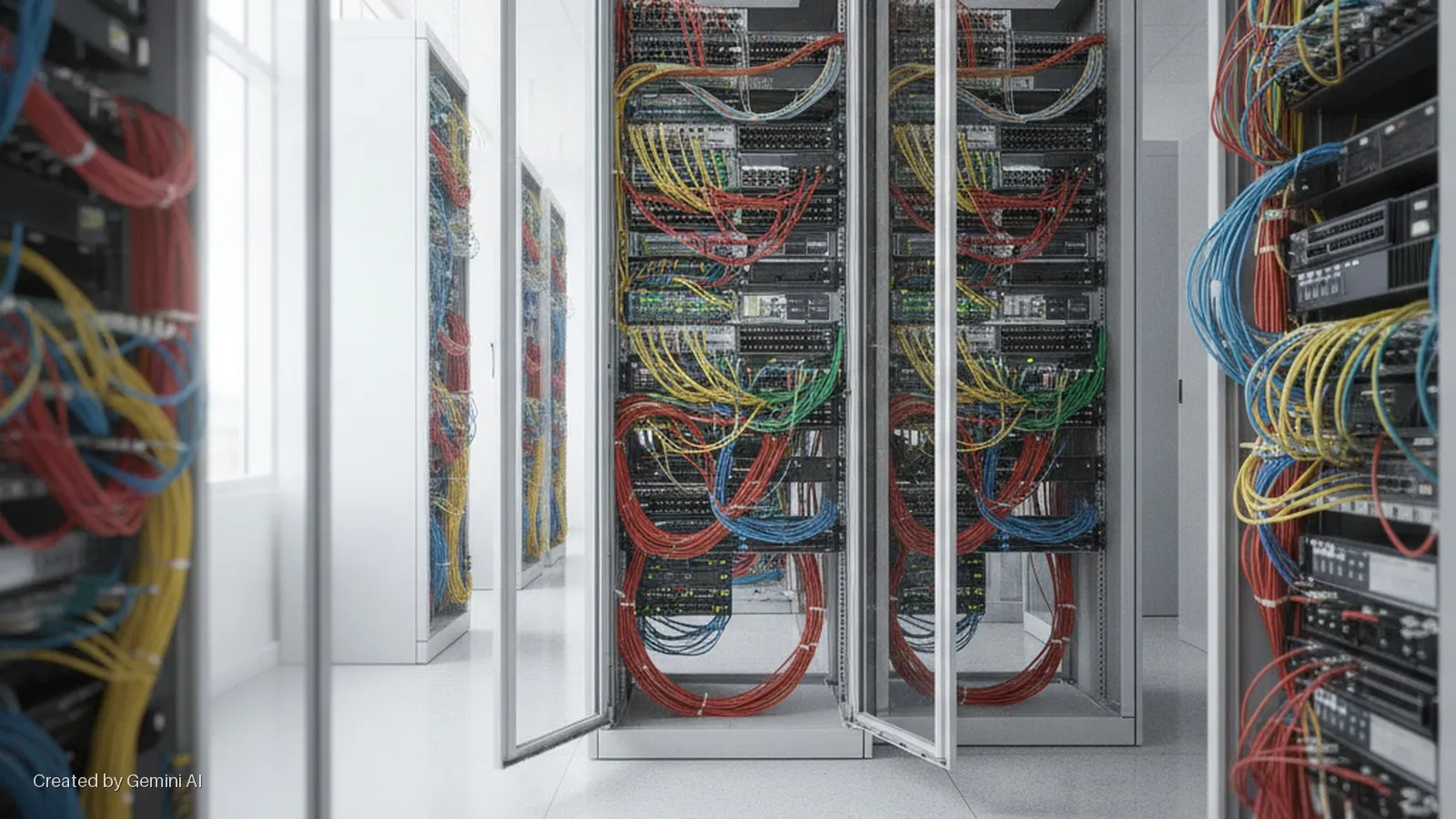 A brightly lit server room features multiple server racks with open glass doors, revealing rows of network equipment and a dense arrangement of red, yellow, blue, and green network cables.