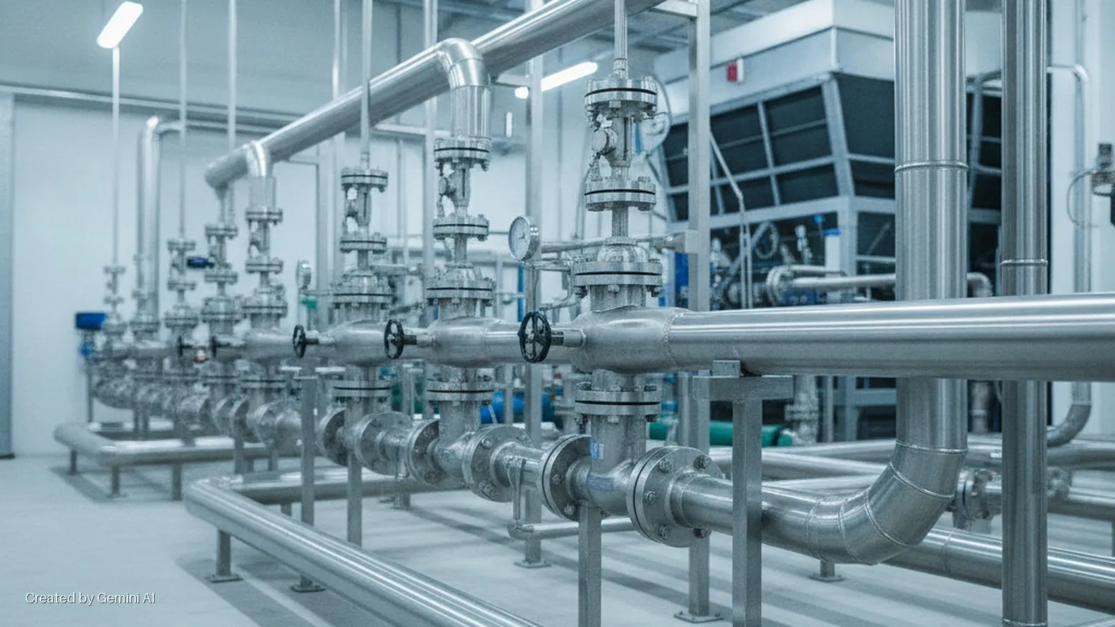 A brightly lit industrial room features extensive stainless steel piping systems with numerous valves, pressure gauges, and large cooling units in the background.