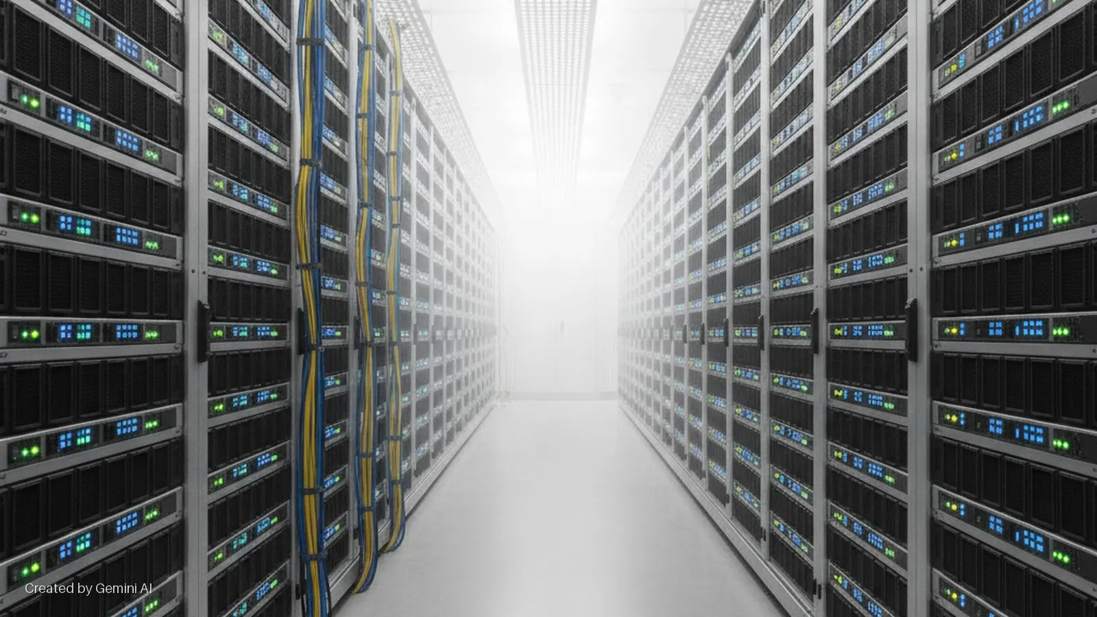 A long, brightly lit data center aisle extends into the distance, flanked by tall rows of server racks displaying numerous green and blue LED lights, with bundles of yellow and blue cables running along the left side.