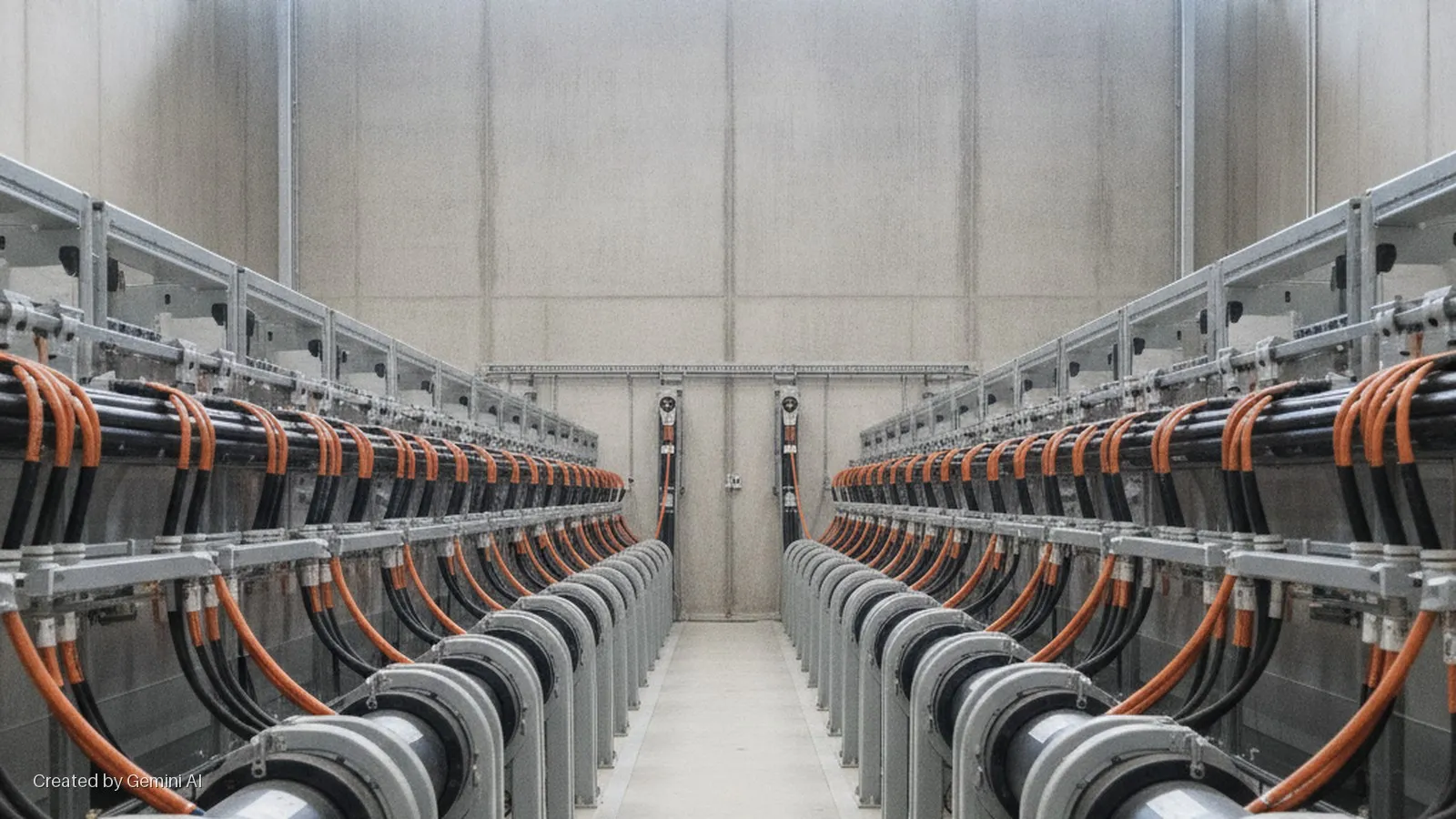 An industrial interior features two symmetrical rows of heavy orange and black electrical cables neatly routed through metal racks and conduits, illuminated by bright, even lighting.