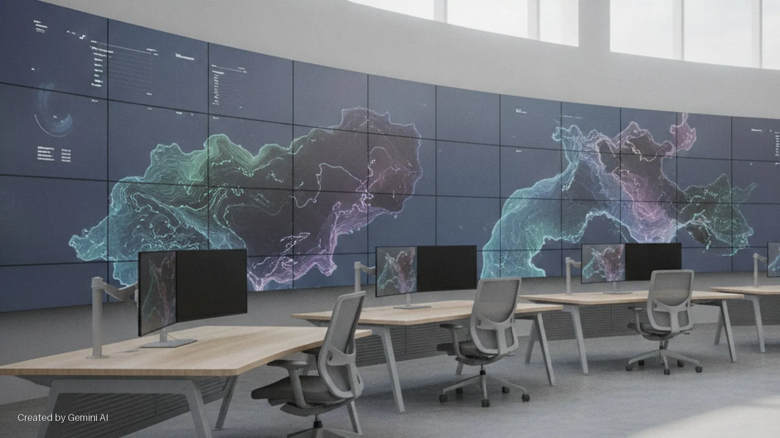 A modern control room with rows of wooden desks, ergonomic chairs, and dual monitors, illuminated by natural light from high windows and facing a large, curved video wall displaying colorful abstract data visualizations.