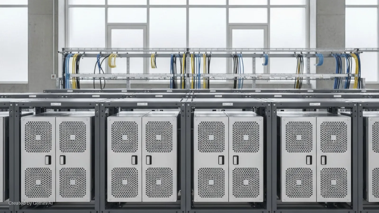 A brightly lit data center features rows of uniform server units in racks, colorful network cables on overhead trays, and large windows in the background.