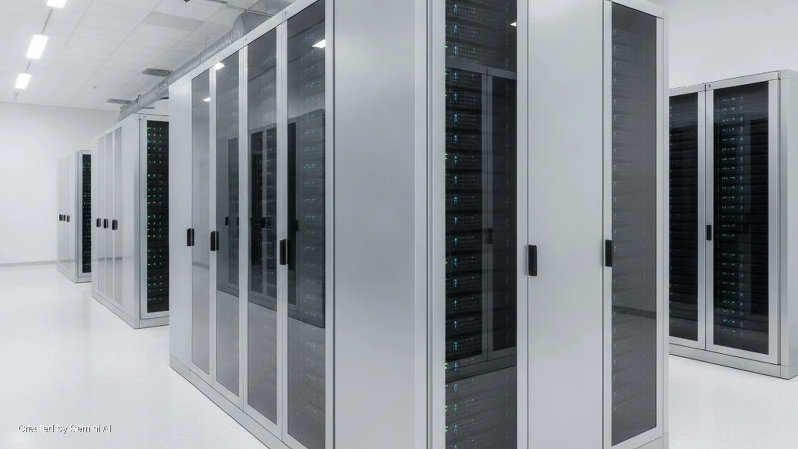 A brightly lit server room contains rows of grey server cabinets with glass doors revealing blinking green and blue lights from internal servers, under a white ceiling with fluorescent lighting and a clean white floor.