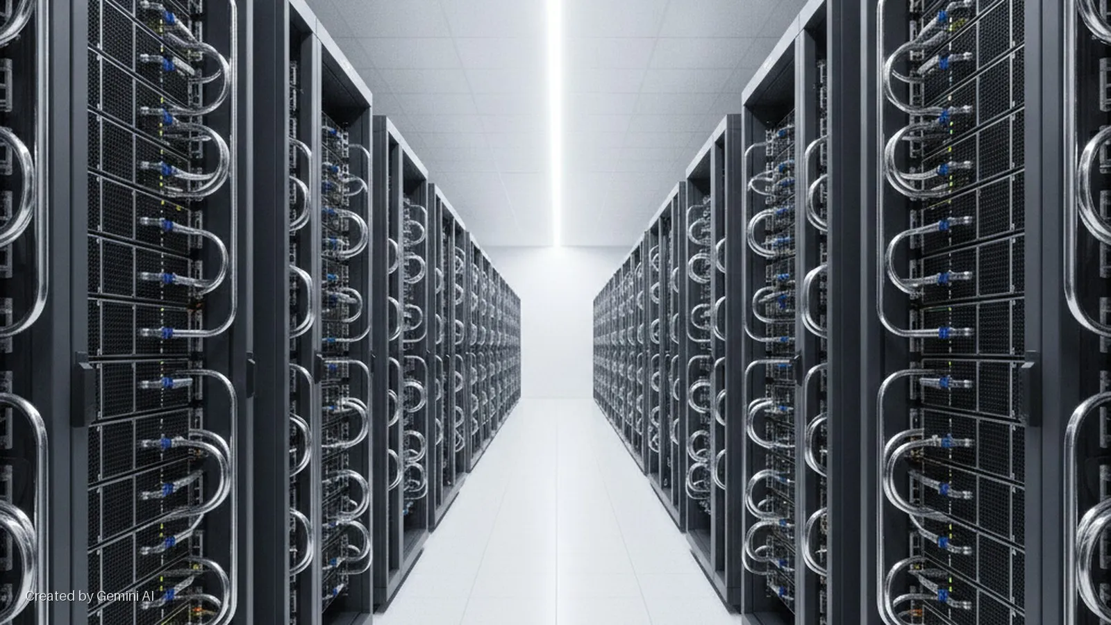 A brightly lit aisle in a data center features rows of dark server racks equipped with clear liquid cooling tubes and blue connectors, extending towards a vanishing point.