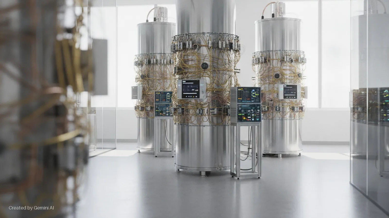 Several large, silver cylindrical machines, densely wired and equipped with multiple display screens, are arranged in a brightly lit, modern room with windows and reflective glass walls.