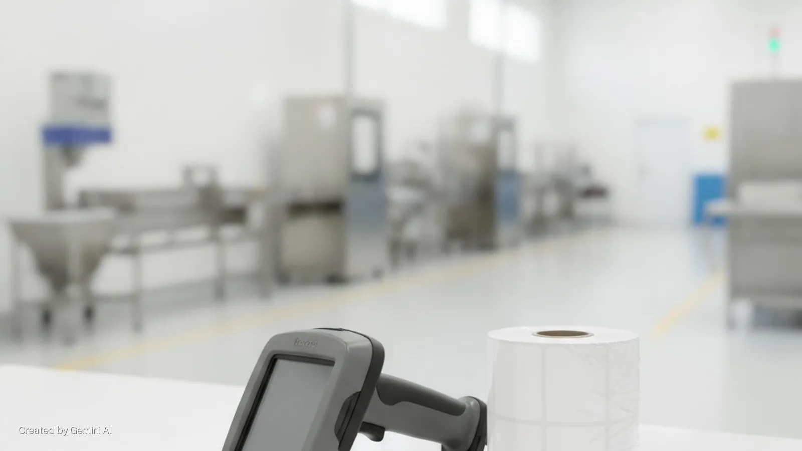 A handheld barcode scanner and a roll of blank labels sit on a white surface in the bright, evenly lit foreground, with blurred stainless steel industrial machinery and a yellow floor line visible in the background of a clean room facility.