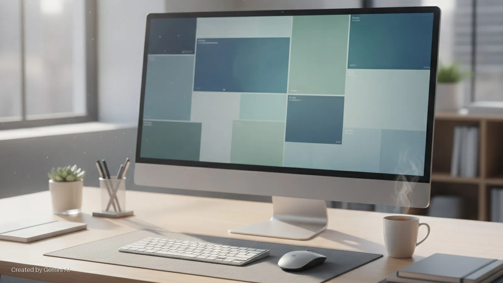 A minimalist office desk setup with an all-in-one computer displaying a grid of colored squares, a white keyboard and mouse, a steaming mug, stacked notebooks, a pen holder, and a succulent plant, all bathed in bright natural window light.