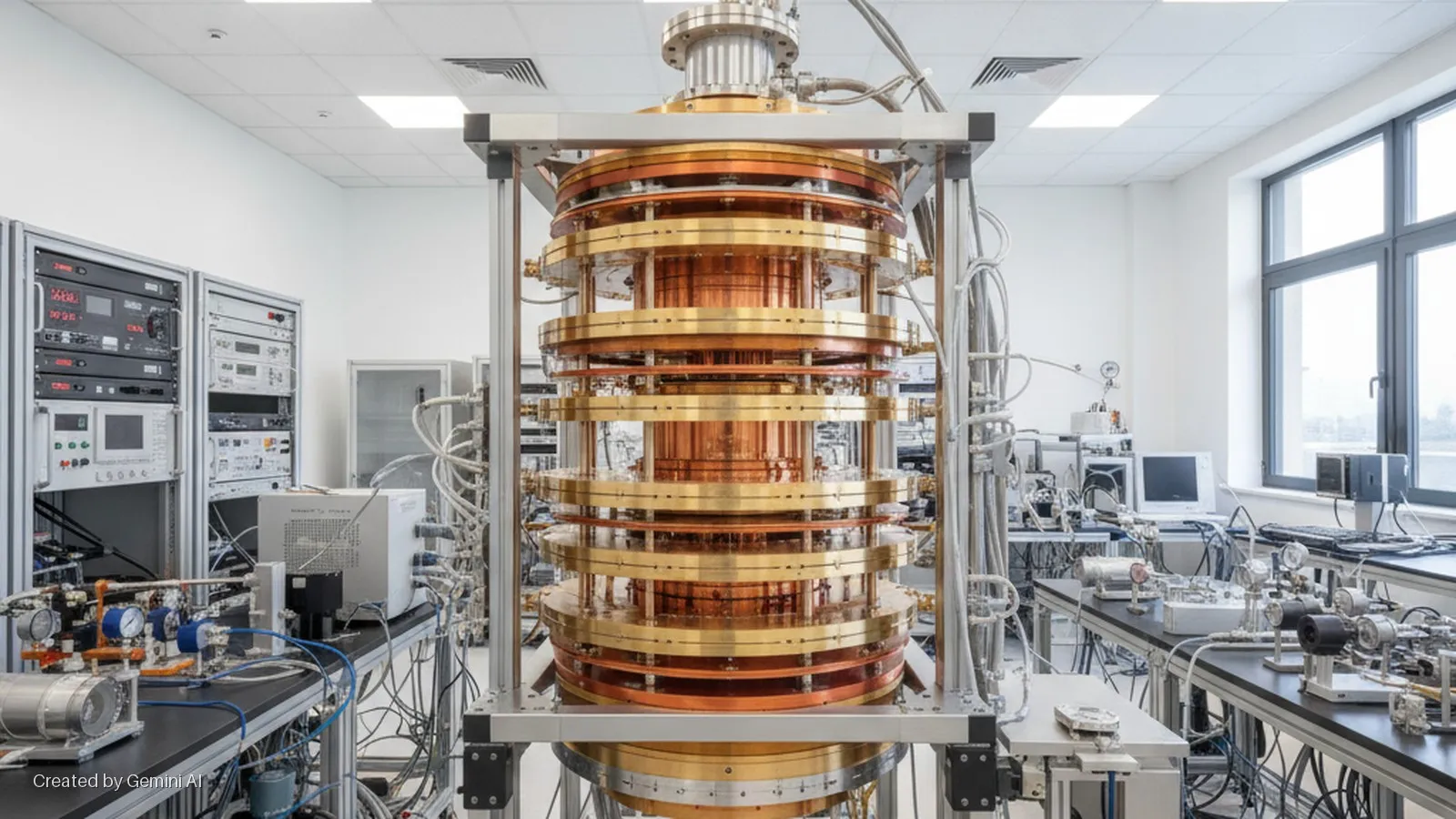 A large, multi-layered brass and copper cryogenic device stands prominently in a bright, white-walled laboratory surrounded by racks of electronic equipment, workbenches with scientific instruments, and windows.