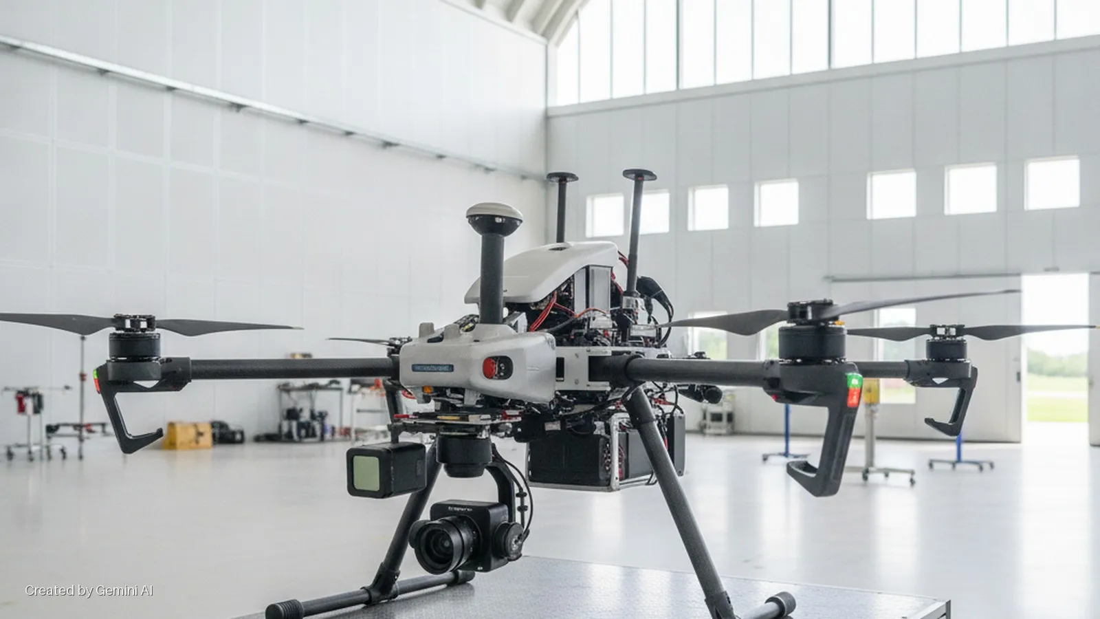A large, multi-rotor drone equipped with multiple cameras and sensors is displayed on a stand in a brightly lit, spacious white industrial hangar with windows and an open doorway.