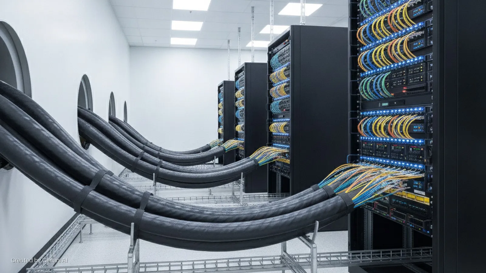 Brightly lit data center with rows of black server racks showcasing colorful network cables and blue indicator lights, connected by thick black cable bundles entering from circular wall openings and supported by metal trays.
