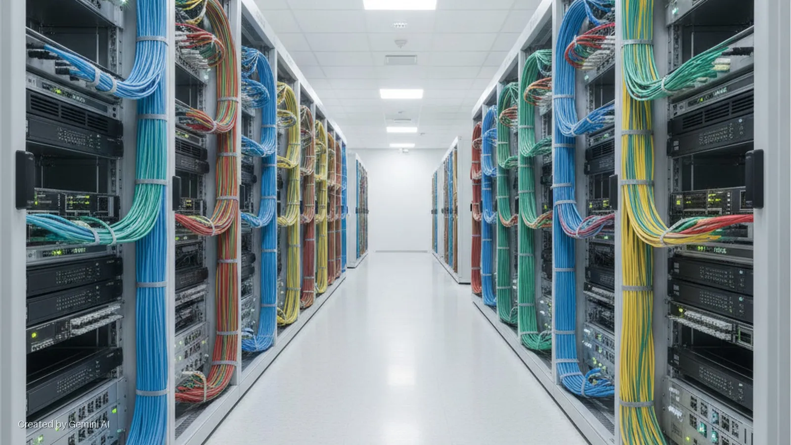 A long, brightly lit aisle in a clean data center, with rows of server racks on either side displaying neatly bundled blue, green, red, and yellow network cables connected to various equipment.
