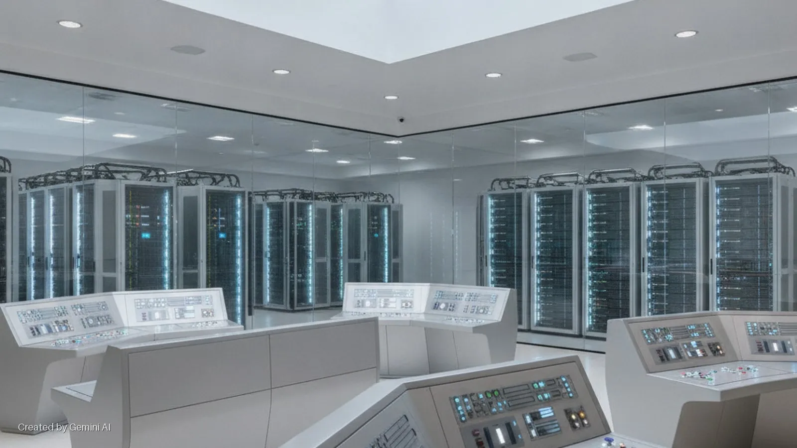 Modern data center control room featuring white consoles with illuminated screens and controls, separated by glass walls from rows of glowing blue server racks under bright recessed ceiling lights.