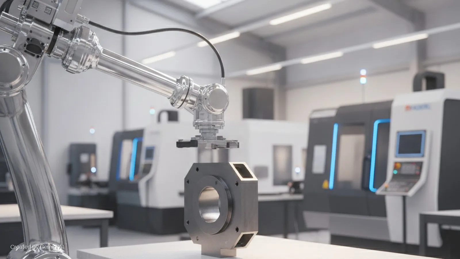 A robotic arm positions a metal part on a table in a brightly lit industrial workshop with several CNC machines visible in the background.