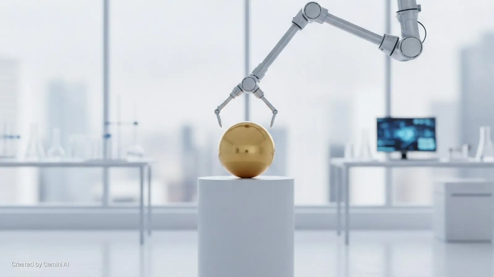 A robotic arm is poised above a golden sphere on a white pedestal in a brightly lit, modern laboratory with lab glassware and a computer monitor on tables.