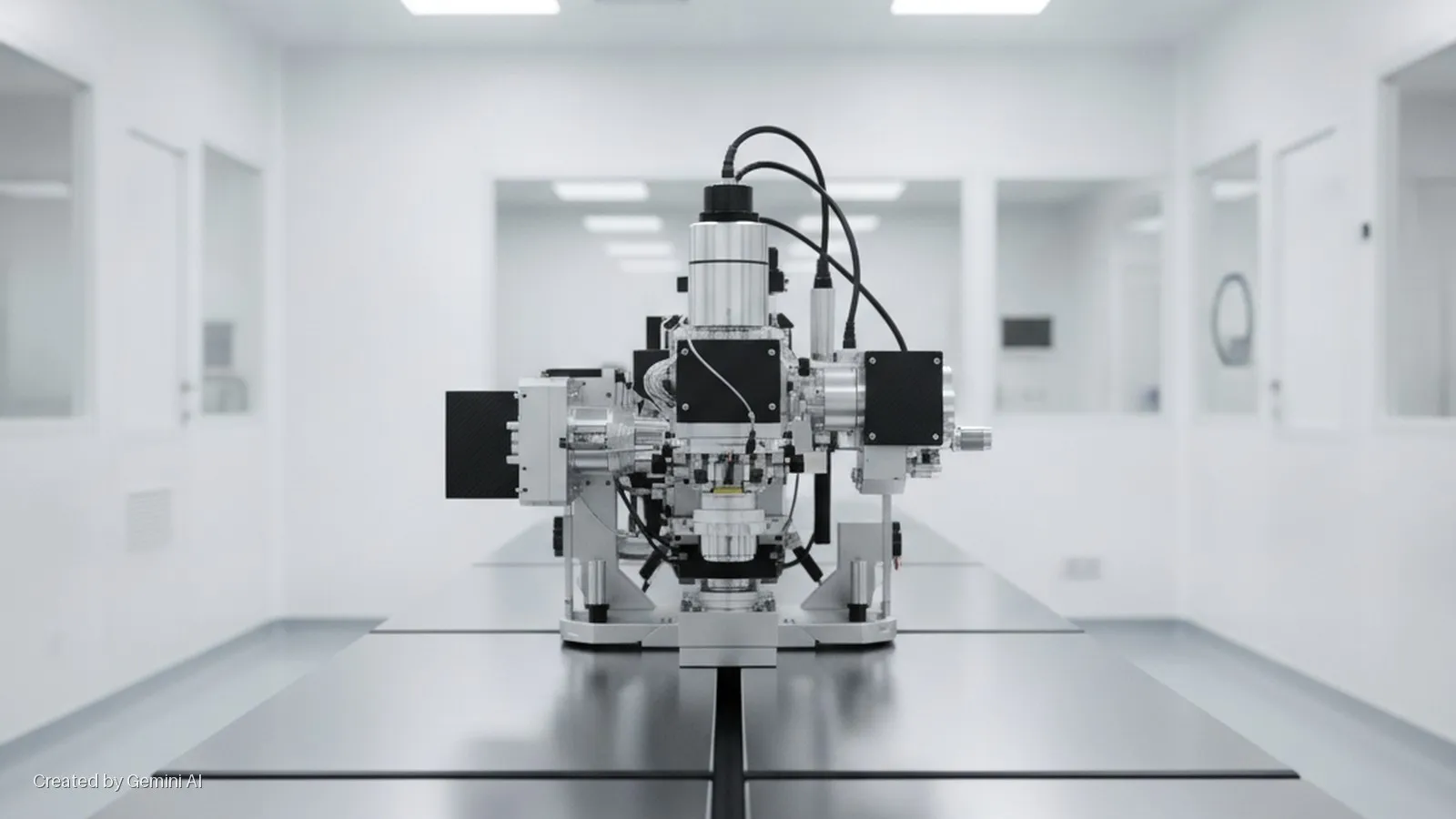 A complex silver and black scientific machine with multiple components and cables rests on a long, dark gray table in a brightly illuminated, sterile white laboratory with glass partition walls.