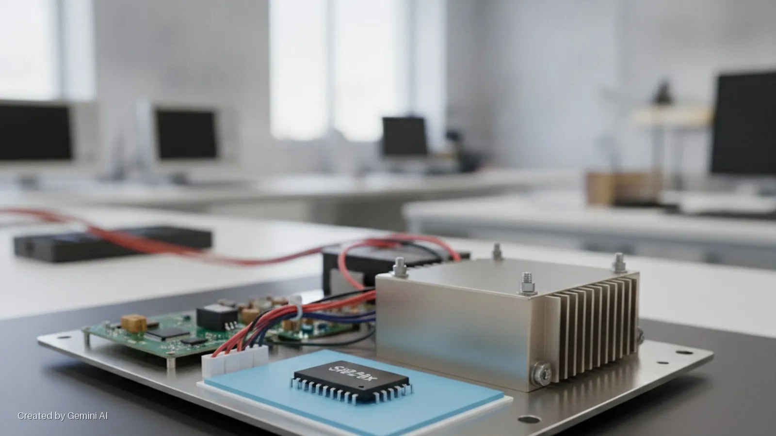 Electronic components, including a "Sipimax" chip, circuit board, and heatsink, are assembled on a metal plate in the foreground of a brightly lit office with blurred computer monitors.