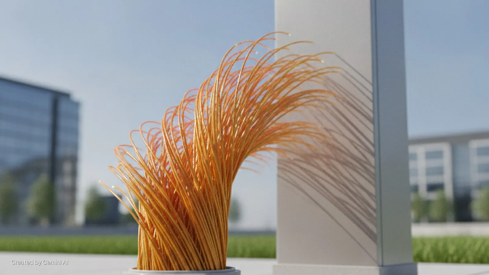 A thick bundle of orange-gold strands arches upwards, casting distinct shadows on a grey rectangular pillar, against a bright outdoor background of blurred modern buildings and green grass.