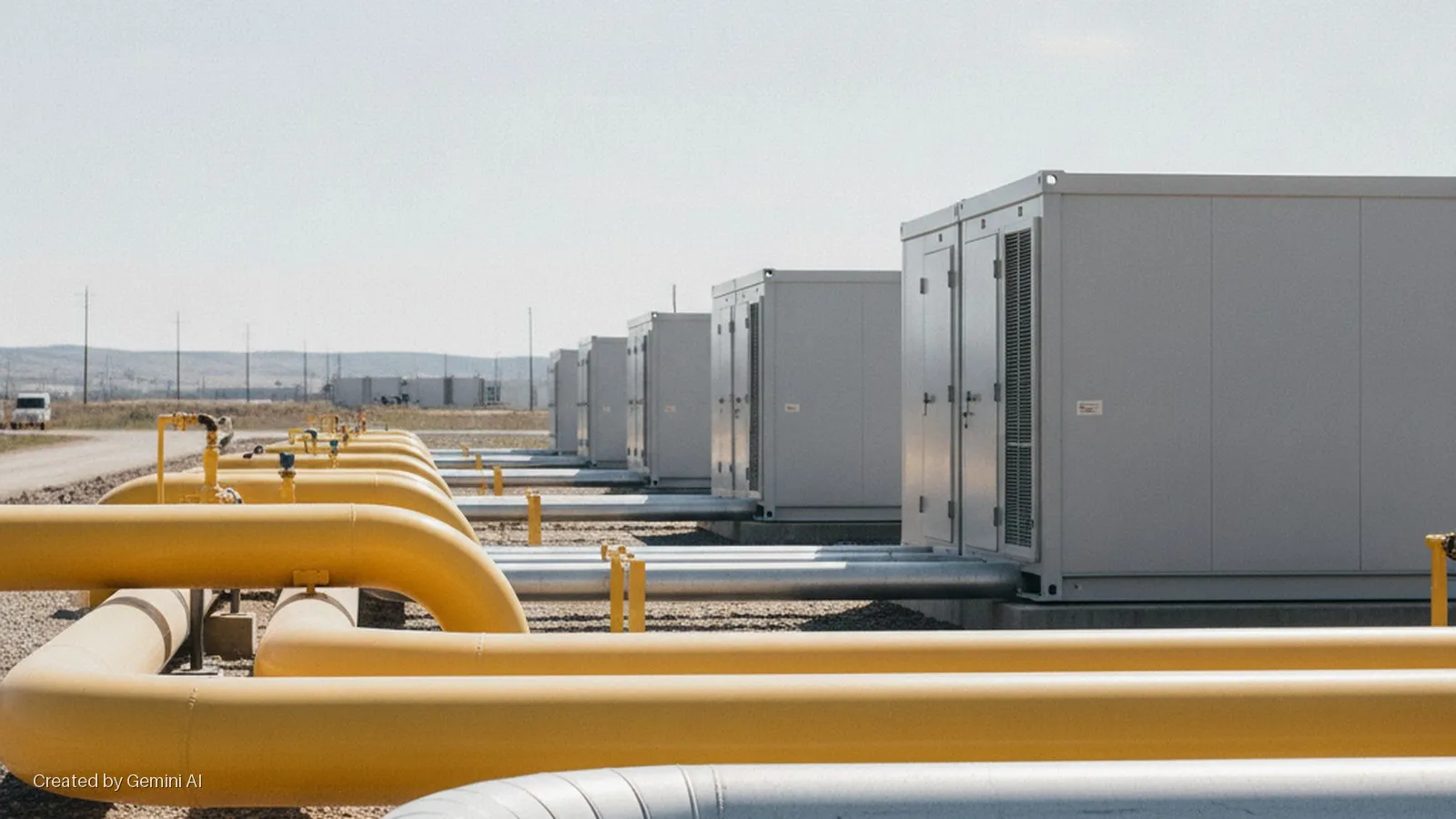 Bright daylight shines on an outdoor industrial facility featuring yellow and silver pipelines running towards a row of grey modular buildings, with a white van and hills in the background.