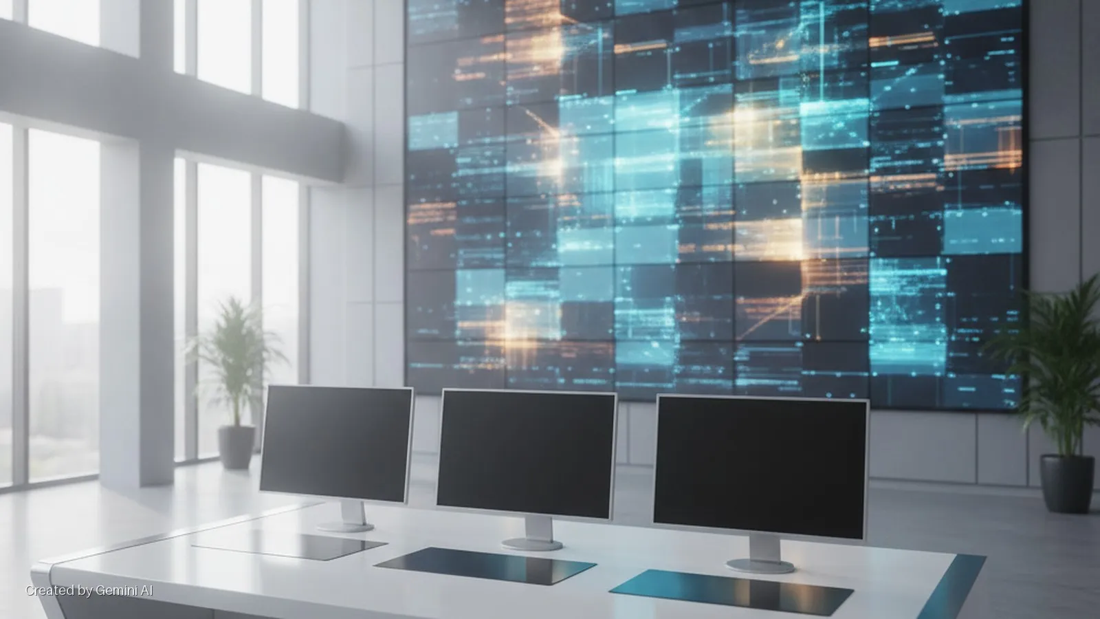A bright, modern control room features a white desk with three black-screen monitors, facing a large wall display showing abstract blue and orange data, with natural light entering from tall windows and two potted plants.