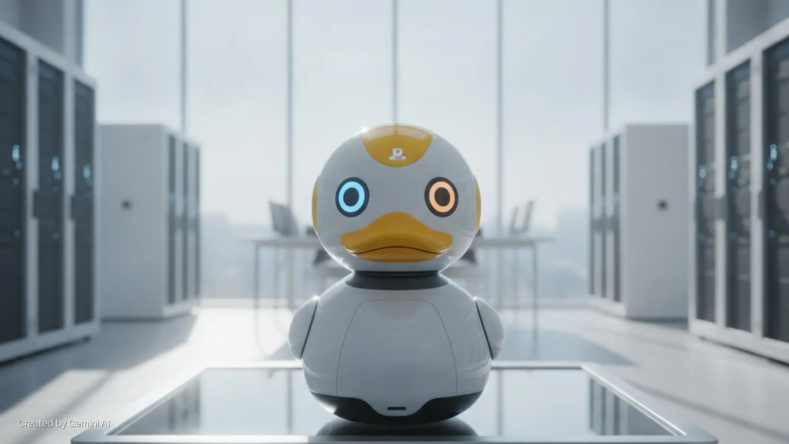 A white and yellow robot duck with a blue and an orange glowing eye stands on a reflective surface in a bright, modern office with server racks and large windows.