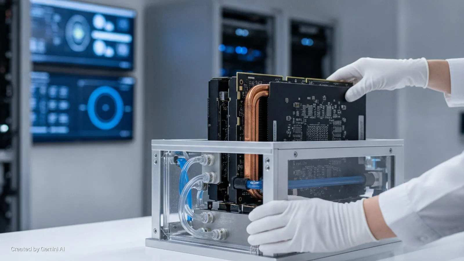 A person in white gloves installs a circuit board into a liquid-cooled computer system featuring copper pipes and clear tubes, set on a white table in a brightly lit laboratory with data screens in the background.