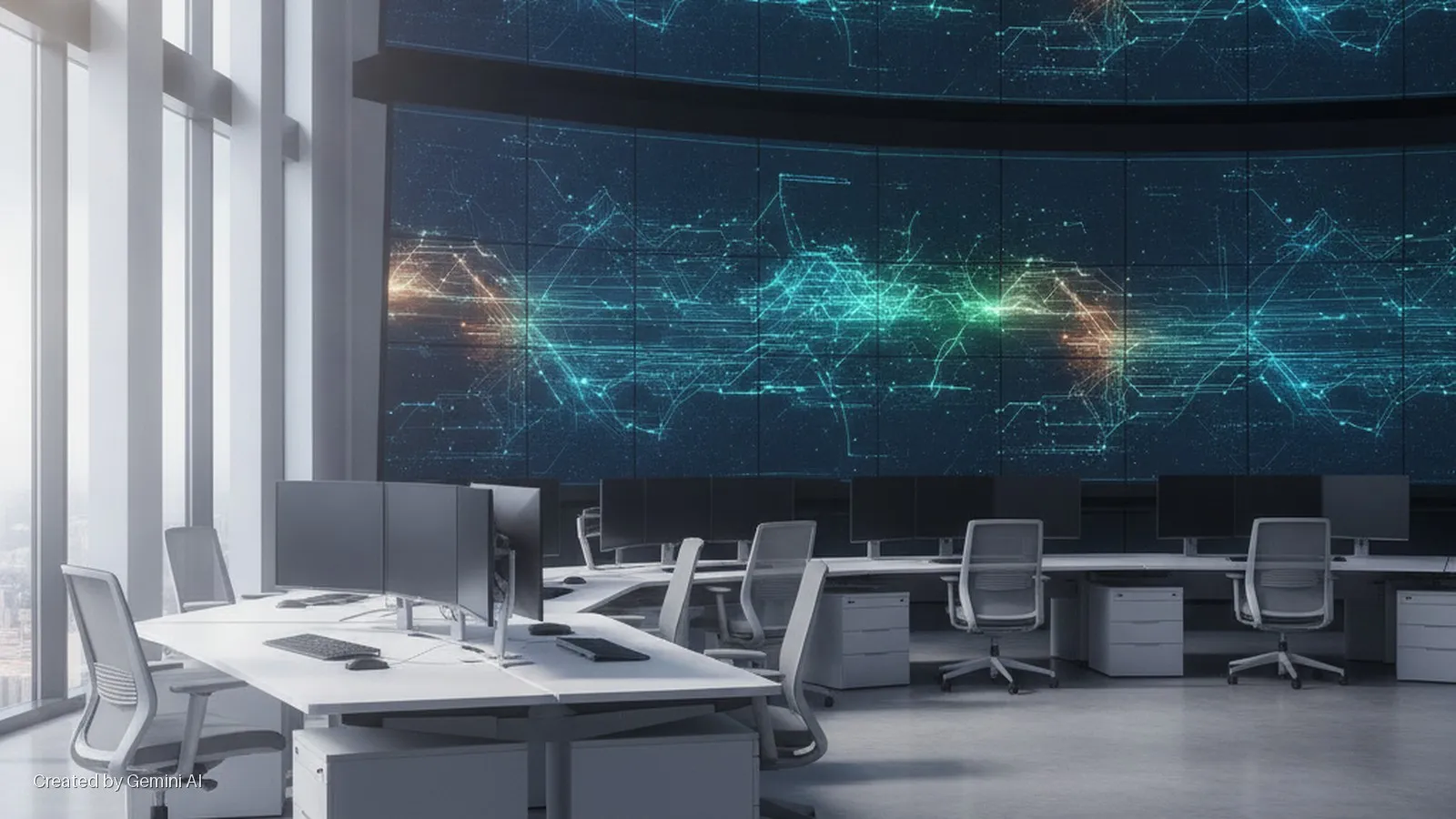 Rows of empty white desks with multiple monitors and light grey chairs in a modern office, featuring a large curved video wall displaying glowing abstract data graphics, with bright windows on the left.