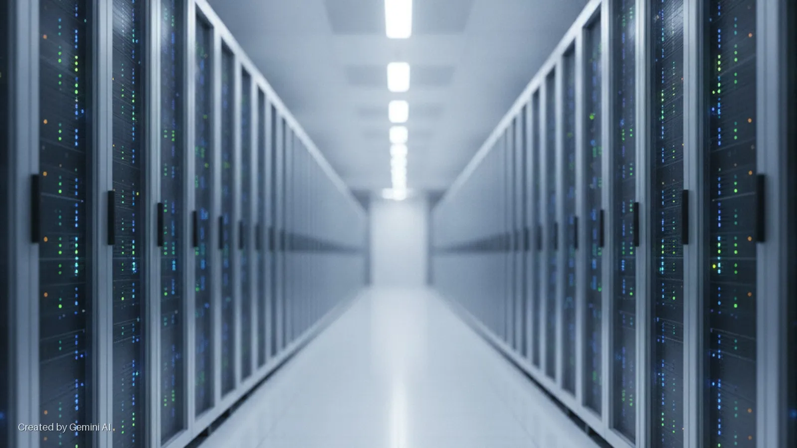 A brightly lit data center corridor with rows of server racks on either side, displaying numerous green and blue indicator lights, under overhead fluorescent lighting.