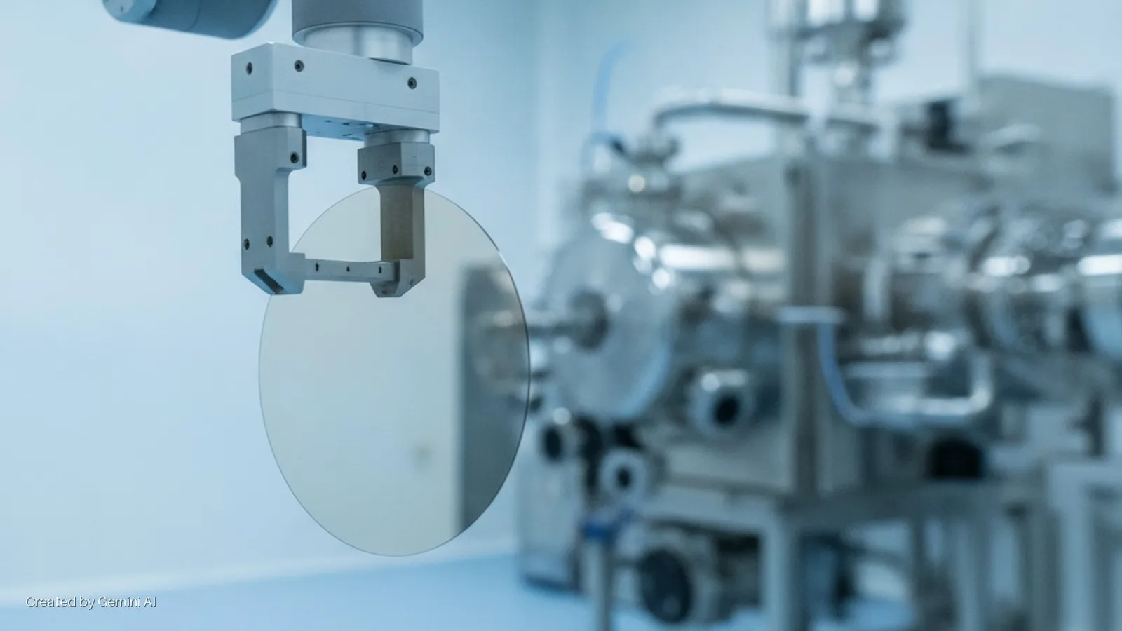 A robotic arm holds a silicon wafer in a brightly lit, cool-toned cleanroom, with blurred industrial manufacturing machinery in the background.