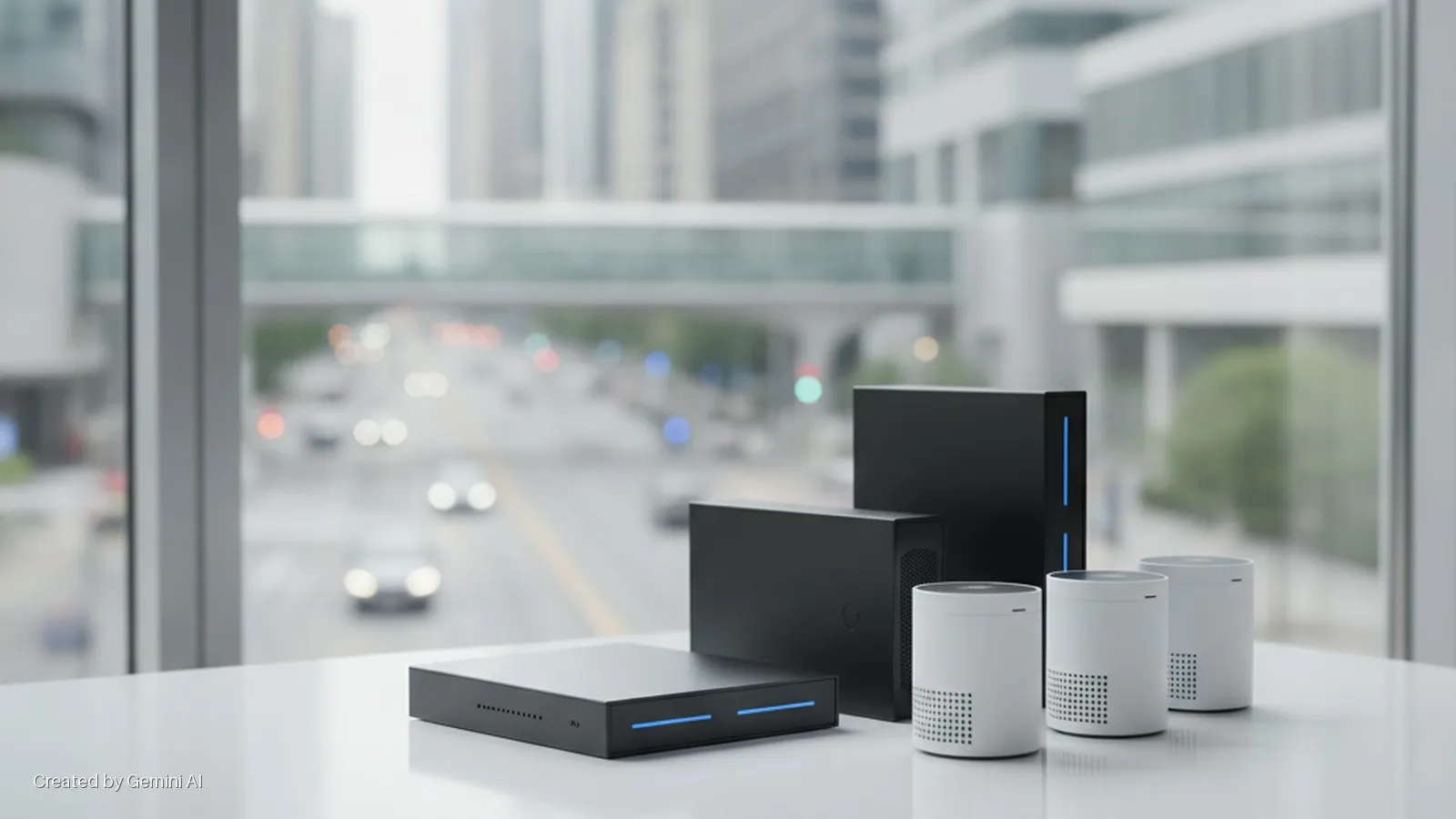 Several black rectangular and white cylindrical electronic devices with blue indicator lights are arranged on a white table in natural light, in front of a large window overlooking a blurred city scene with buildings, an elevated walkway, a