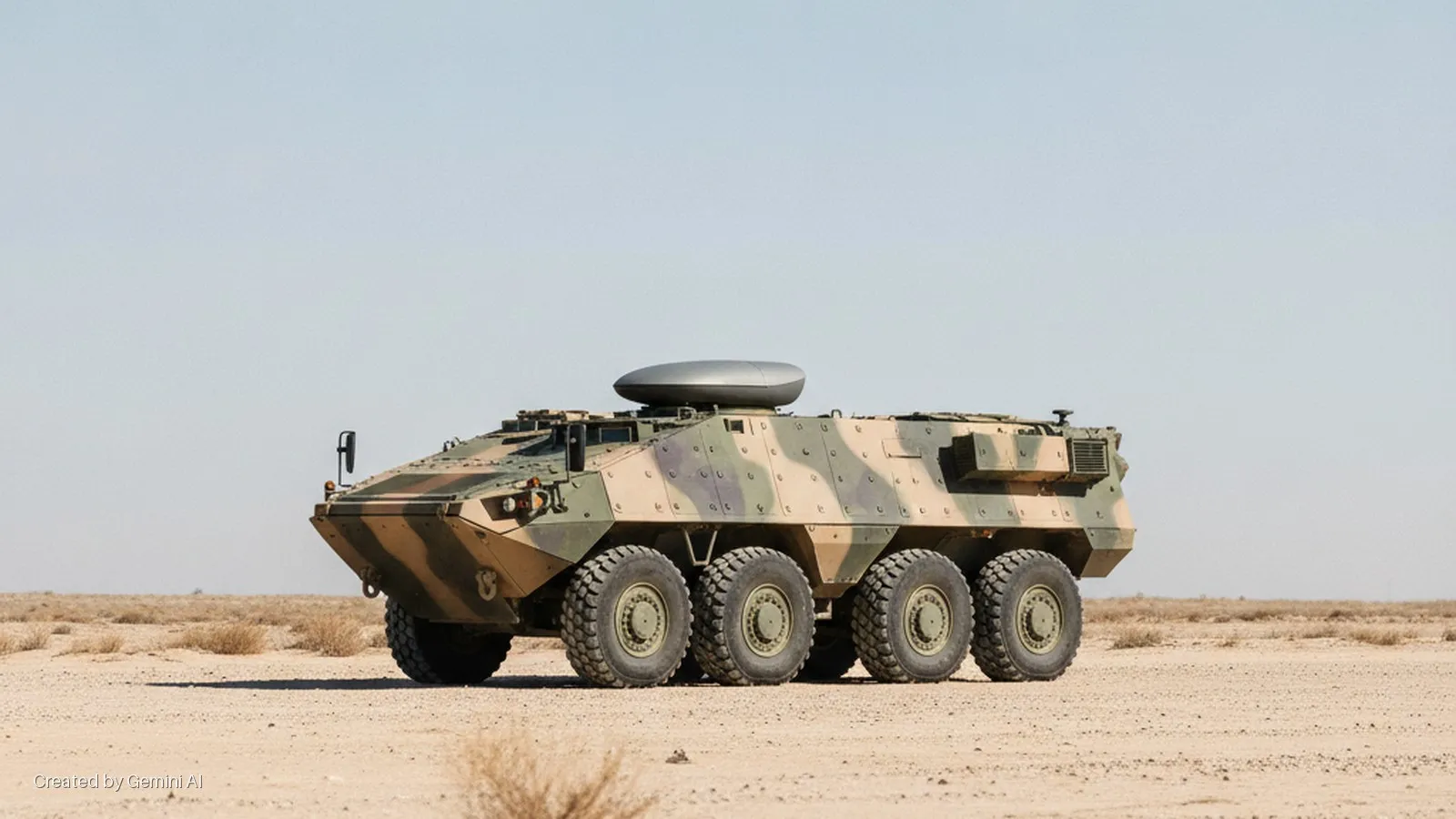 An 8-wheeled camouflage armored vehicle with a grey, oblong dome on its roof stands on dry, sparse desert ground under clear daylight.