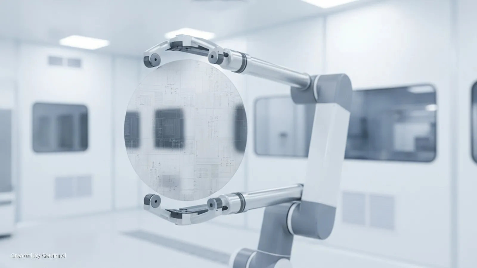 A robotic arm holds a silicon wafer displaying etched circuit designs in a brightly lit, sterile cleanroom.