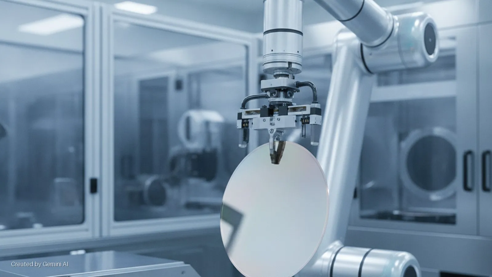 A metallic robotic arm precisely holds a large, reflective semiconductor wafer in a brightly lit industrial cleanroom.