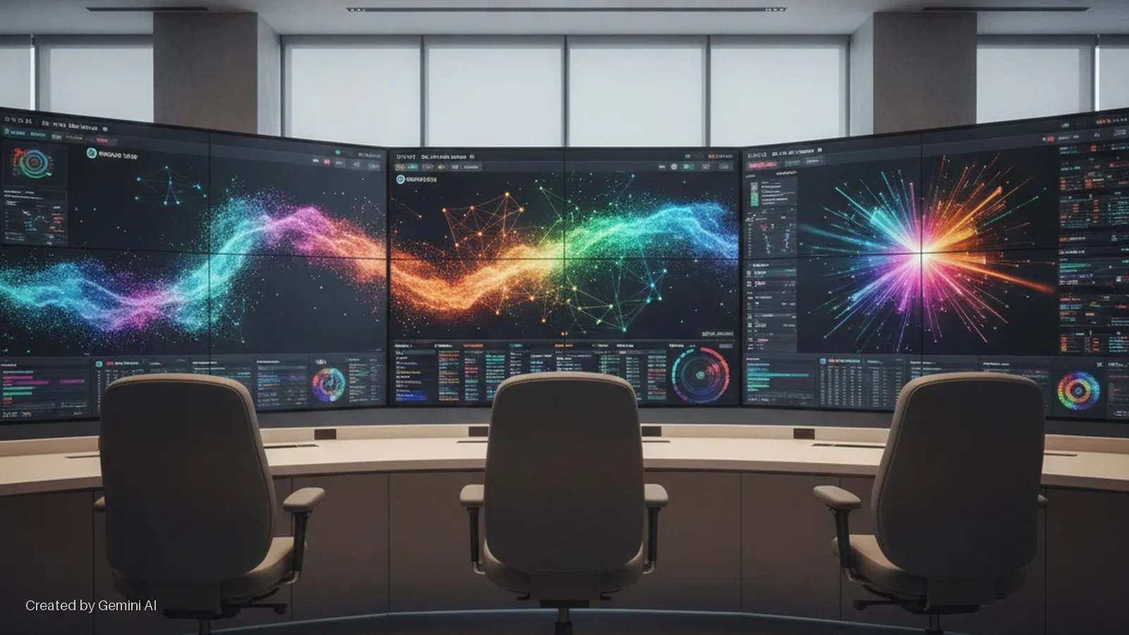 A dimly lit control room features three office chairs at a curved desk facing a large, curved video wall displaying various colorful data visualizations.