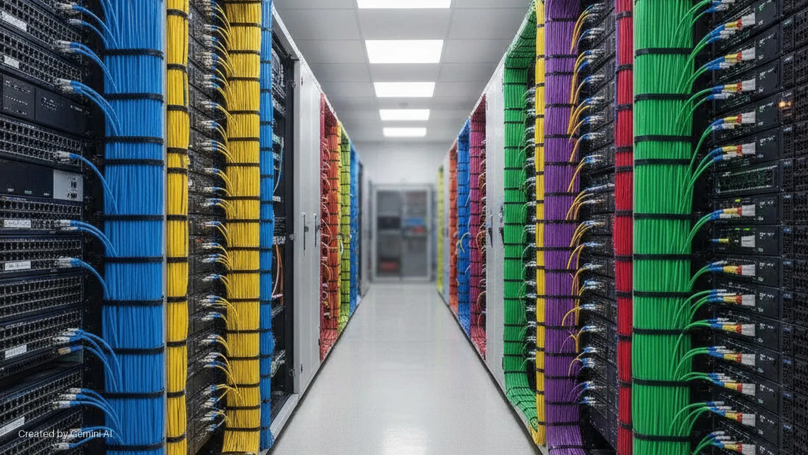 A brightly lit data center aisle is lined with server racks featuring neatly bundled, color-coded network cables in blue, yellow, green, red, and purple.