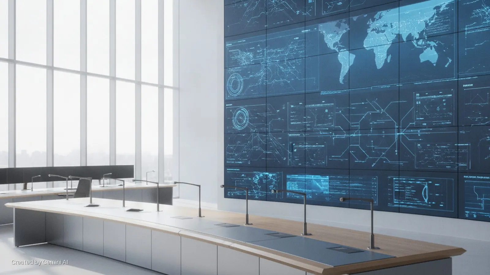 A modern operations center features a large video wall displaying a world map and data visualizations, brightly lit by natural light streaming through expansive windows, with multiple long desks equipped with task lamps in the foreground.