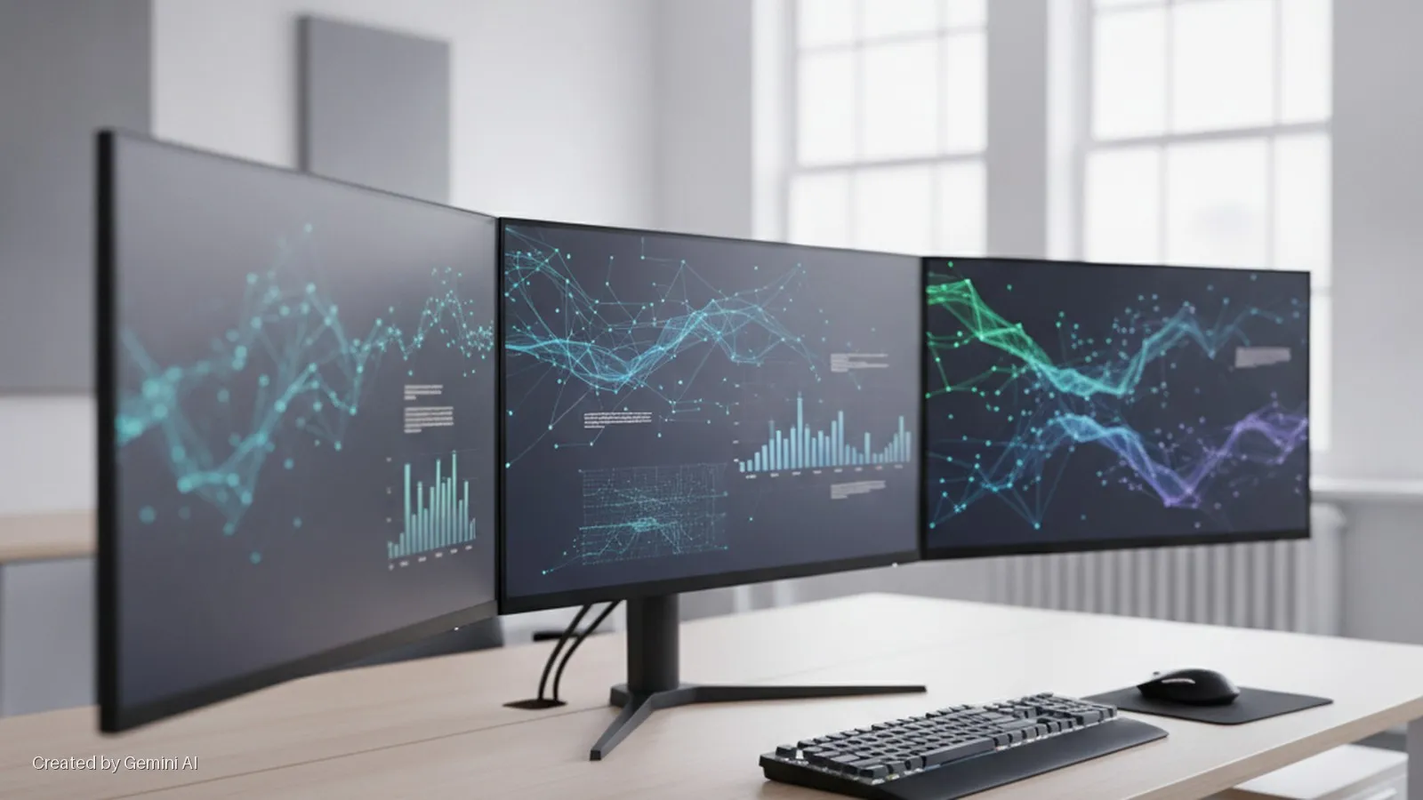 A triple monitor setup displaying abstract data visualizations in blue, green, and purple is accompanied by a black keyboard and mouse on a light wooden desk in a brightly lit room with large windows.