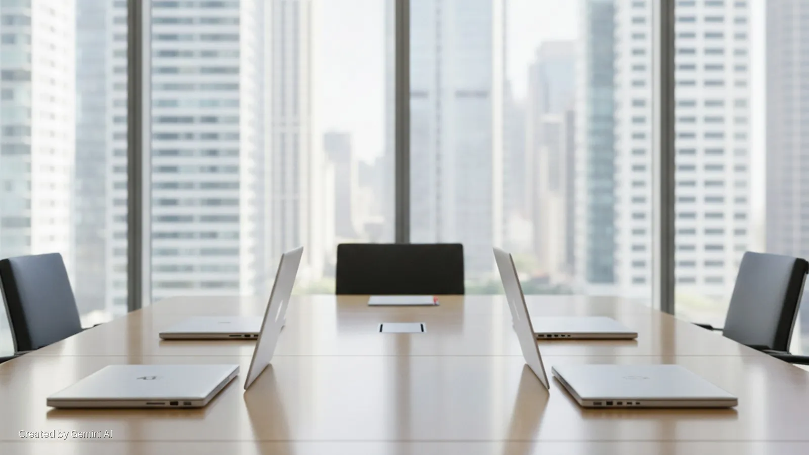 A bright conference room with a light wooden table, featuring two closed and two partially open silver laptops, and dark office chairs, overlooking a blurred cityscape through large windows.