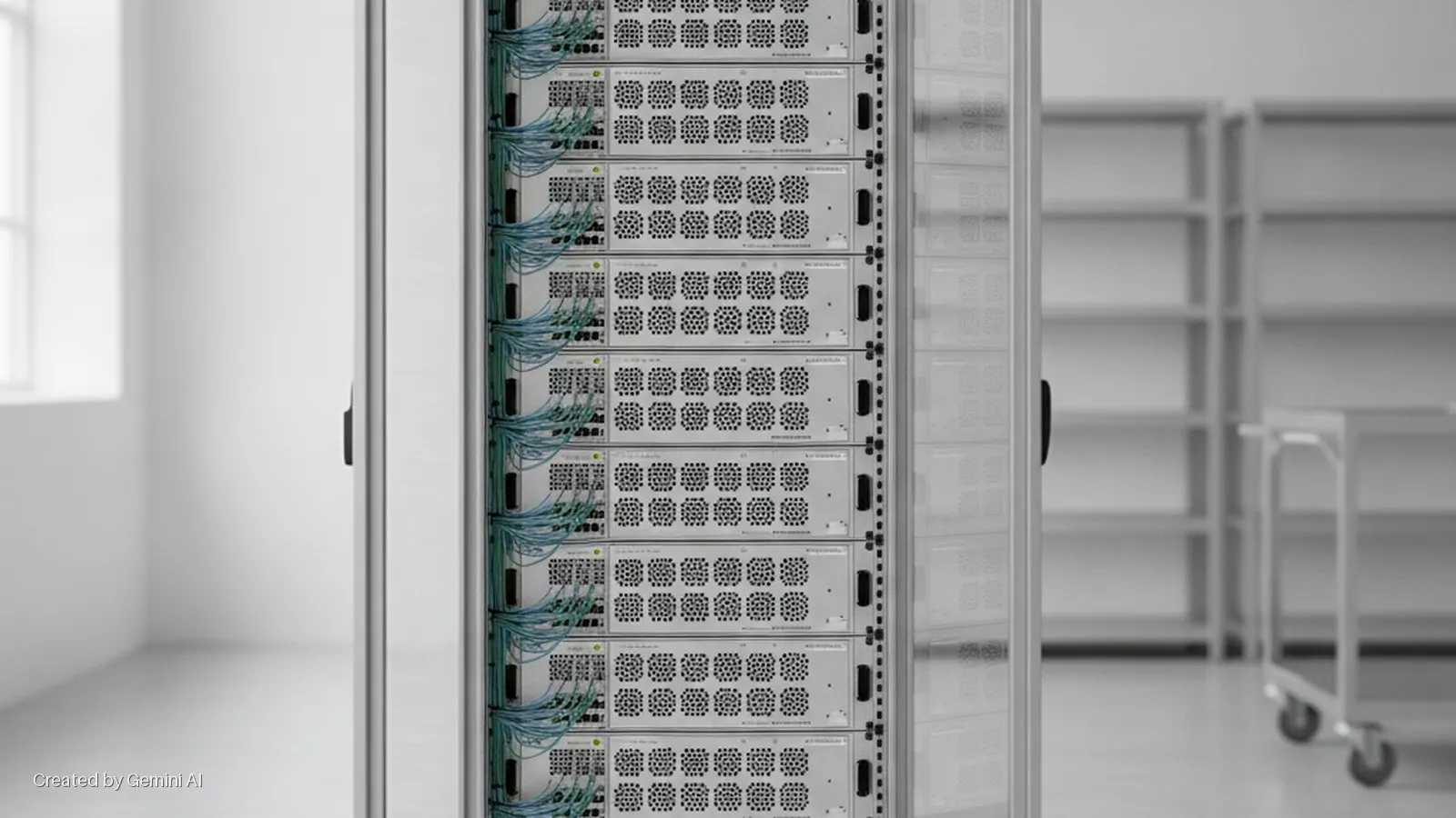 A brightly lit server rack filled with ten units of networking equipment and blue cables stands in a clean, white room with empty shelves, a rolling cart, and a window visible in the background.