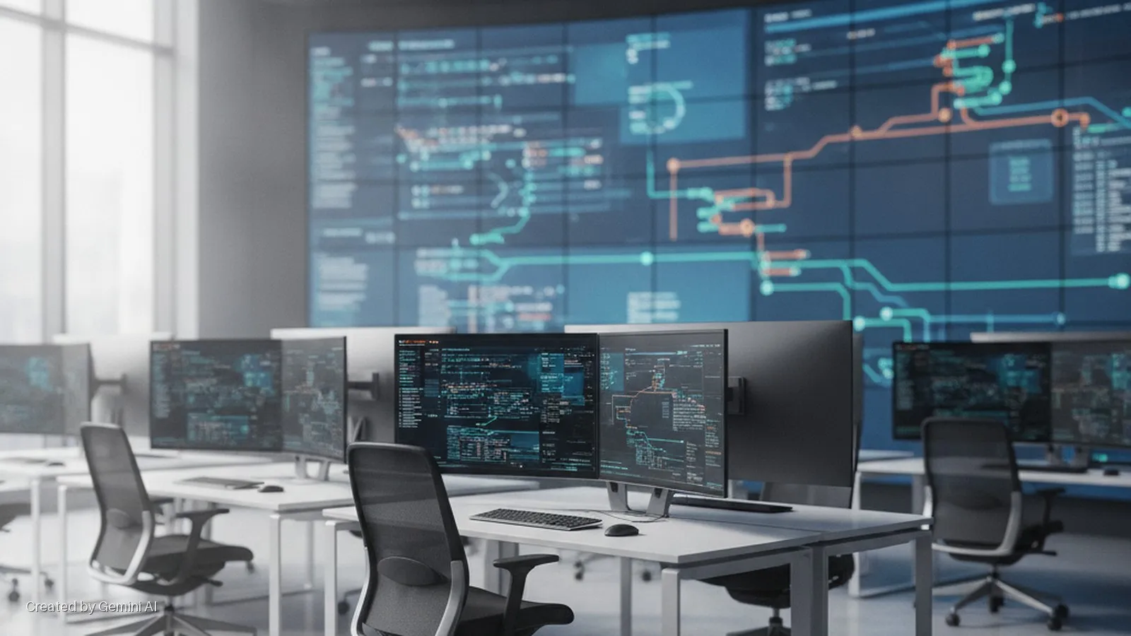 A modern control room with rows of desks, ergonomic chairs, and dual computer monitors displaying code and network diagrams, bathed in natural light from a large window and the glow of a massive multi-panel wall display.